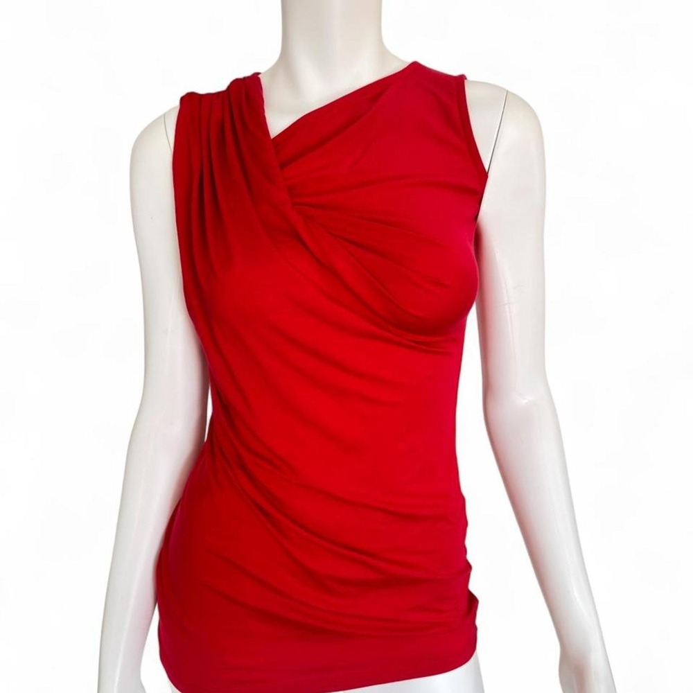 Marcella Red Draped Asymmetrical Sleeveless Top XS Ruched Stretch Designer top